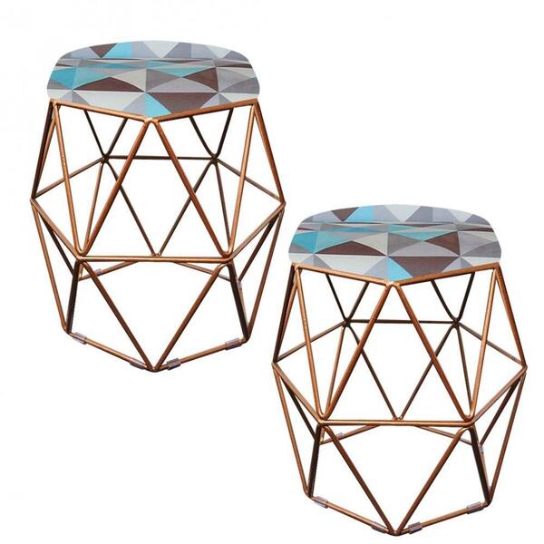 Kit 02 Puff Banqueta Aramado Luna Hexágono Base Bronze Triâng