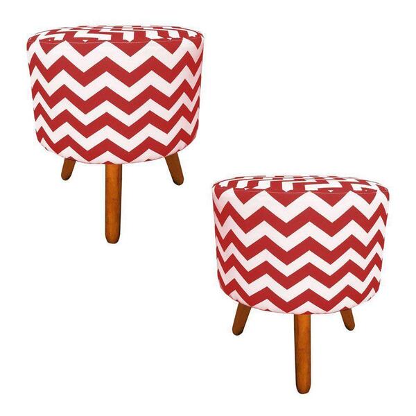 Kit 02 Puff Banqueta Decorativa Redondo Zig Zag Vermelho