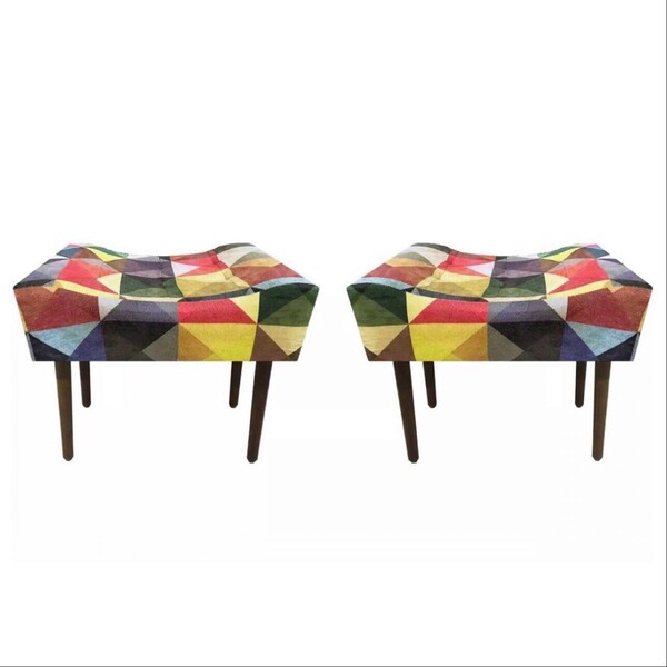 Kit 02 Puff Decorativo Retangular Com Pés Madeira Triângulos