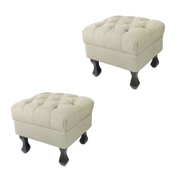 Kit 02 Puff Retrô Luis Xv Capitonê Suede Bege