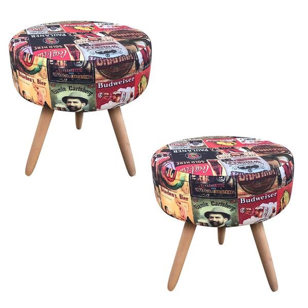 Kit 02 Puffs Banqueta Berlim Redondo Estampado Beer Pés Natur