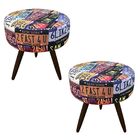 Kit 02 Puffs Banqueta Berlim Redondo Estampado Placas Pés Tab