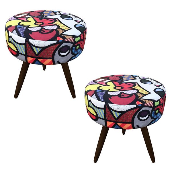 Kit 02 Puffs Banqueta Berlim Redondo Estampado Romero Britto
