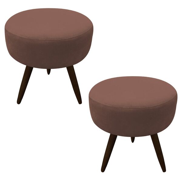 Kit 02 Puffs Banqueta Berlim Redondo Suede Marrom Pés Tabaco