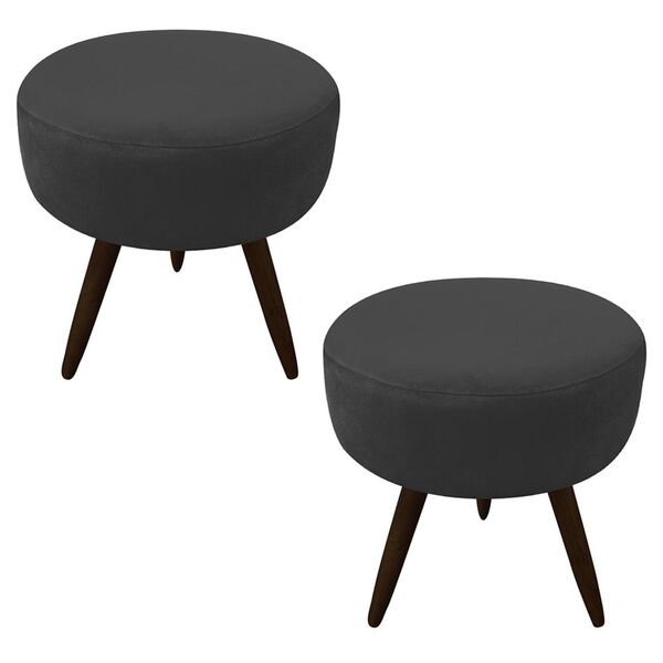 Kit 02 Puffs Banqueta Berlim Redondo Suede Preto Pés Tabaco D
