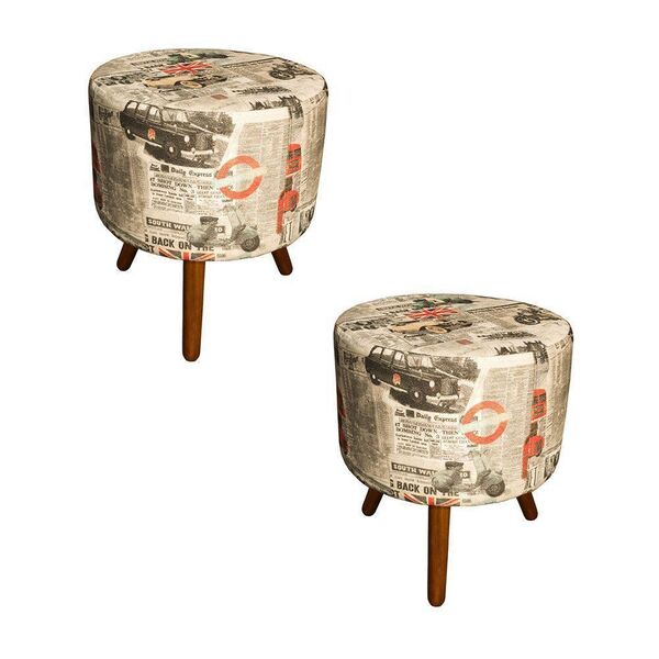 Kit 02 Puffs Banqueta Decorativa Dora Redondo Suede Estampado