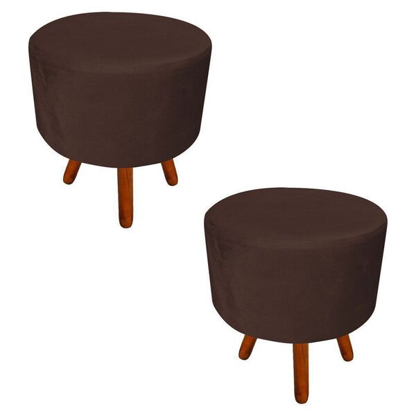Kit 02 Puffs Banqueta Dora Redondo Suede Marrom Pés Palito Ca