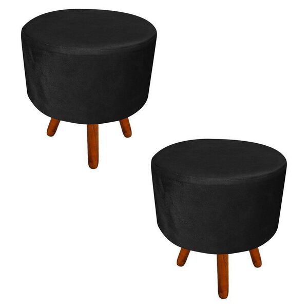 Kit 02 Puffs Banqueta Dora Redondo Suede Preto Pés Palito Cas