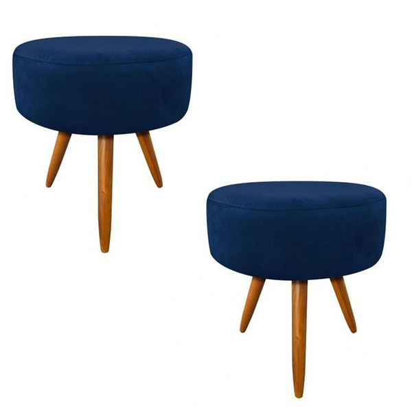 Kit 02 Puffs Banqueta Redondo Classic Suede Azul Marinho - Ds
