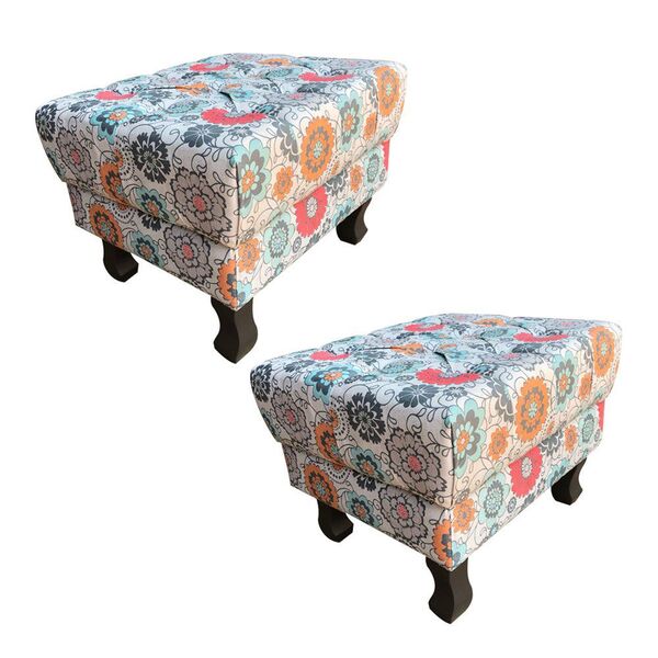 Kit 02 Puffs Banqueta Retrô Luis Xv Suede Floral L20 - Nay Es