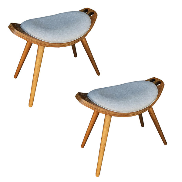 Kit 02 Puffs Banqueta Wink Linho Bege Pés Palito Castanho - D