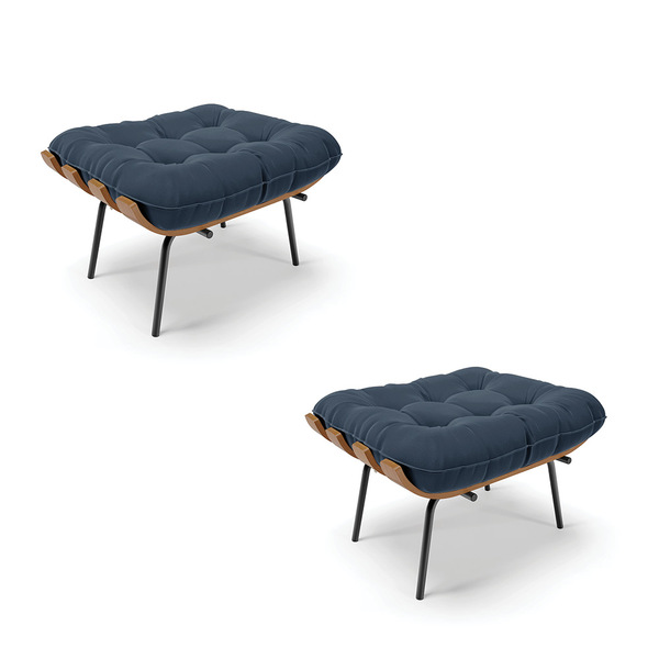 Kit 02 Puffs Costela Suede Azul Marinho Base Metálica Preto -
