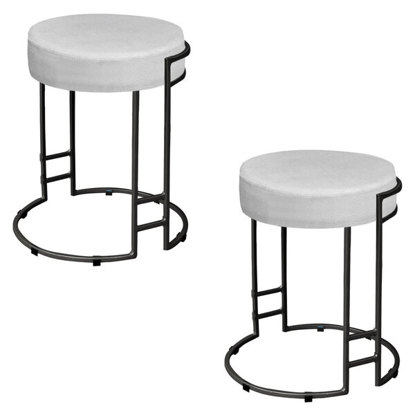 Kit 02 Puffs Dara Suede Branco Base Industrial Preto - D'rossi