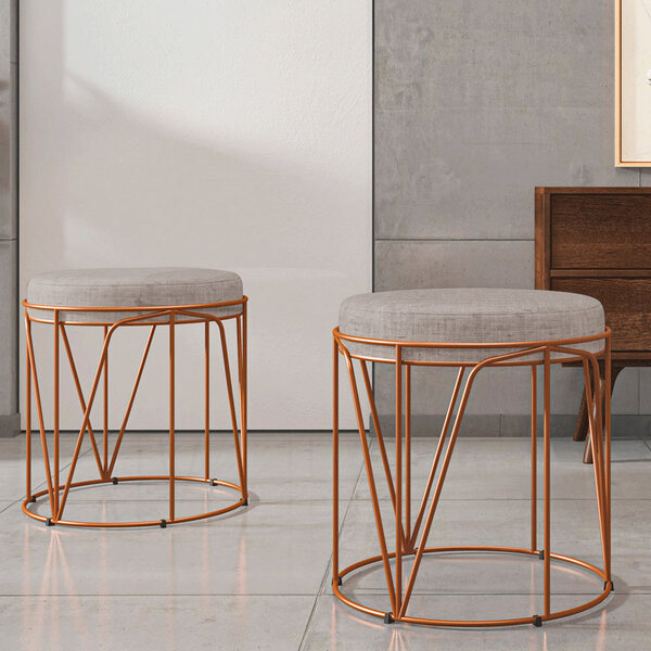 Kit 02 Puffs Decorativo Aramado Bronze Zaya L02 Linho Bege -