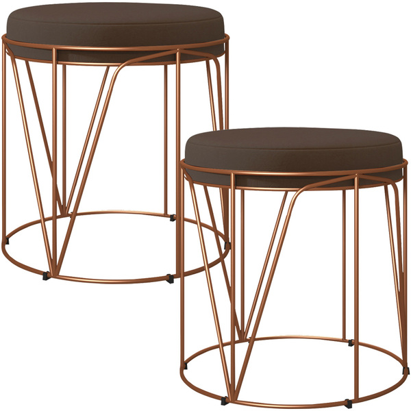 Kit 02 Puffs Decorativo Aramado Bronze Zaya L02 Suede Marrom