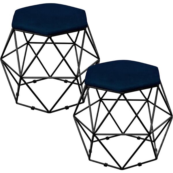 Kit 02 Puffs Decorativo Aramado Preto Six L02 Suede Azul Mari