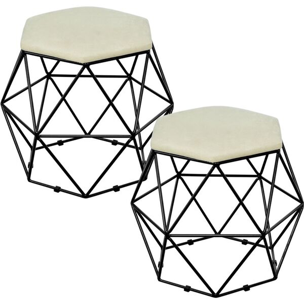 Kit 02 Puffs Decorativo Aramado Preto Six L02 Suede Bege - Ly