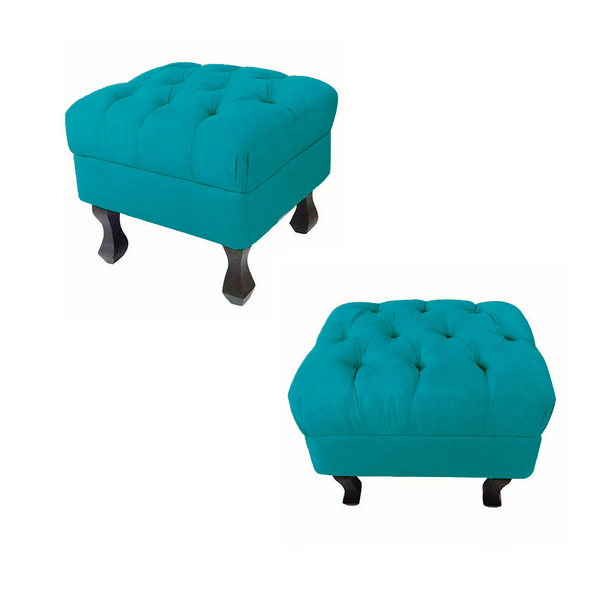 Kit 02 Puffs Decorativo Luiz Xv Veludo Azul Turquesa - Montan