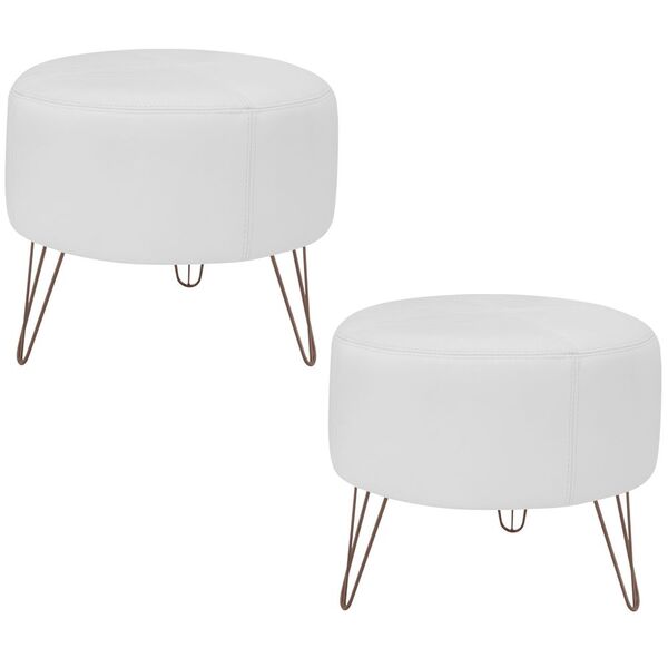 Kit 02 Puffs Decorativos Redondo Pés Metal Couro Branco Fosco