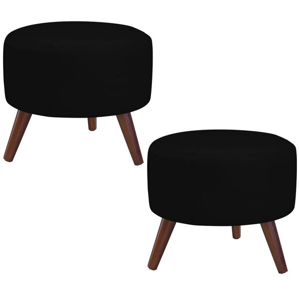 Kit 02 Puffs Decorativos Redondo Pés Palito Couro Preto Brilh