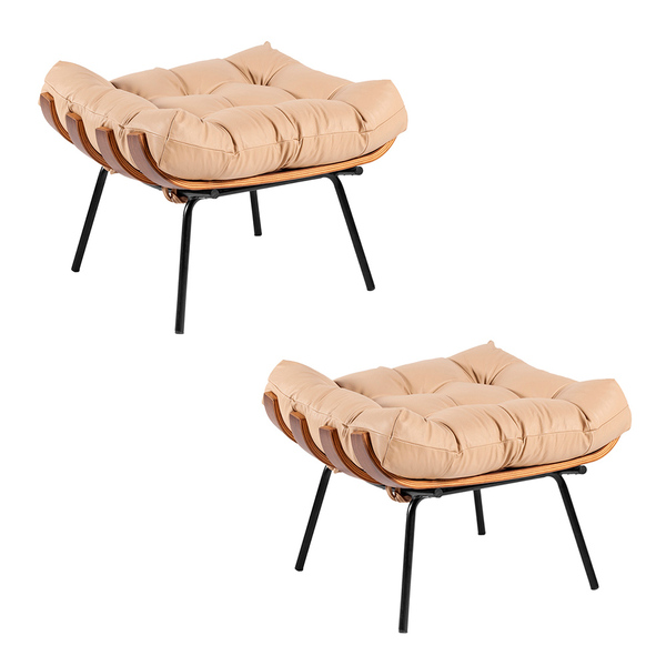 Kit 02 Puffs Giratória Costela Couro Bege Base Metálica Preto
