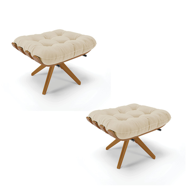 Kit 02 Puffs Giratório Costela Linho Areia A27 Base Madeira -