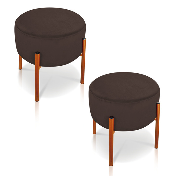 Kit 02 Puffs Iron Suede Marrom Base Metálica Cobre