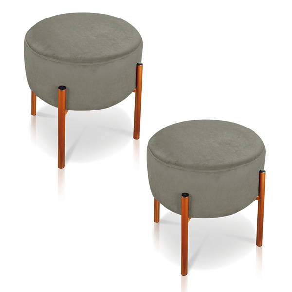 Kit 02 Puffs Iron Suede Marrom Rato Base Metálica Cobre