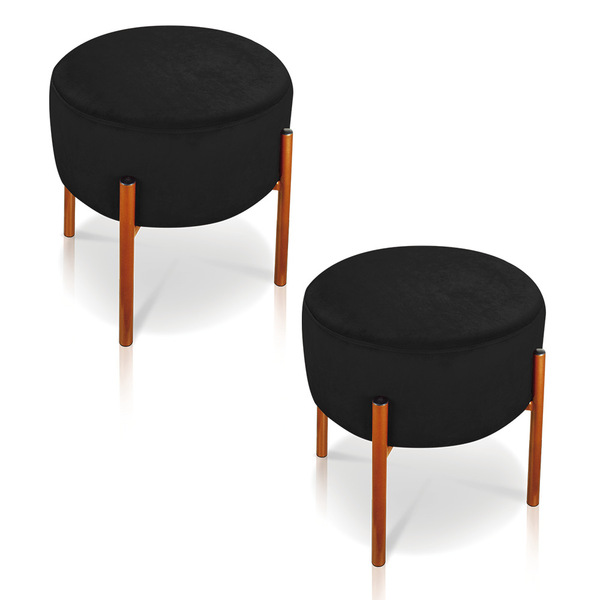 Kit 02 Puffs Iron Suede Preto Base Metálica Cobre