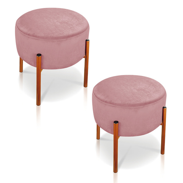 Kit 02 Puffs Iron Suede Rosê Base Metálica Cobre