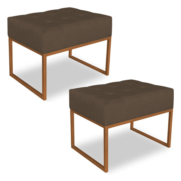 Kit 02 Puffs Lisa Linho Base Metálica Industrial Cobre - Pall