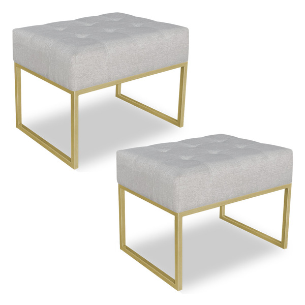 Kit 02 Puffs Lisa Linho Base Metálica Industrial Dourado - Pa