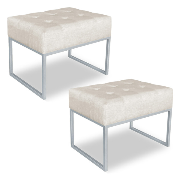 Kit 02 Puffs Lisa Suede Bege Base Metálica Industrial Prata -