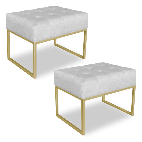 Kit 02 Puffs Lisa Suede Cinza Base Metálica Industrial Dourad