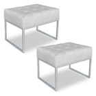 Kit 02 Puffs Lisa Suede Cinza Base Metálica Industrial Prata