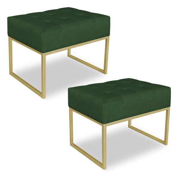 Kit 02 Puffs Lisa Suede Verde Base Metálica Industrial Dourad