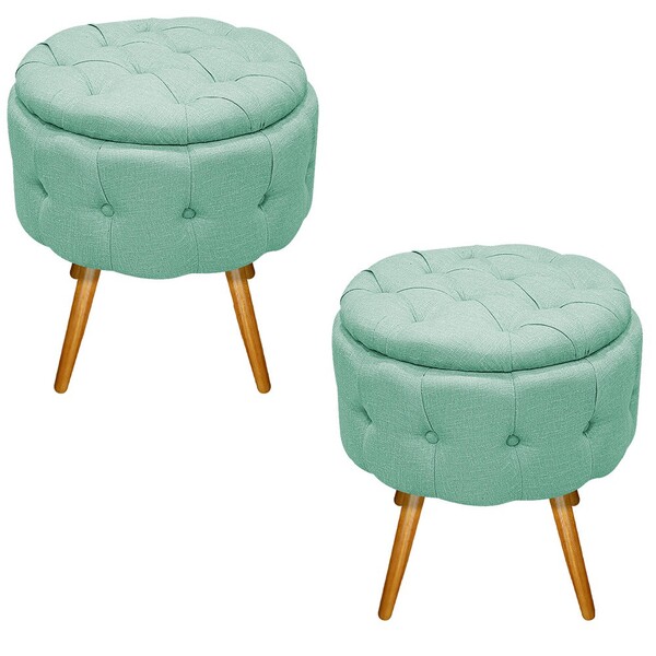 Kit 02 Puffs Londres Baú Palito Mel Linho Azul Turquesa - Ama