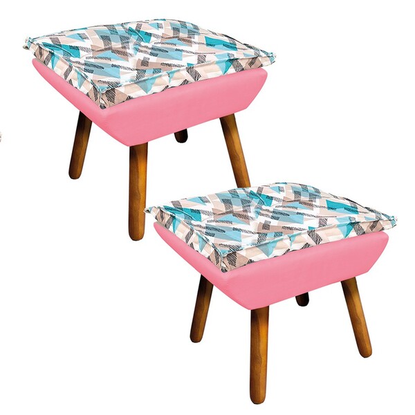 Kit 02 Puffs Opala Composê Suede Com Estampado Traçado Azul D