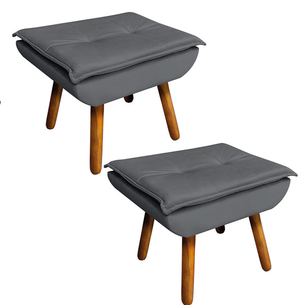 Kit 02 Puffs Opala Veludo Grafite Pés Palito Castanho - D'ros