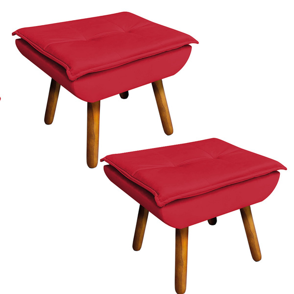 Kit 02 Puffs Opala Veludo Vermelho Pés Palito Castanho - D'ro