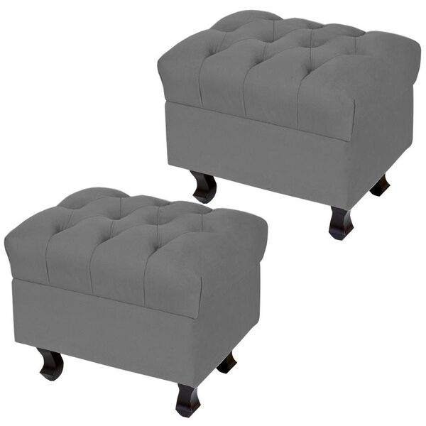 Kit 02 Puffs París L02 Luis Xv Capitone Suede Cinza Pés Madei