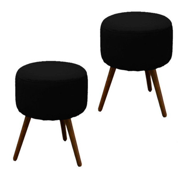 Kit 02 Puffs Redondos Para Sala E Quarto Palito Suede Preto -
