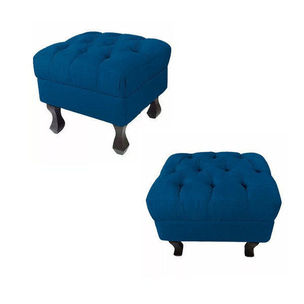 Kit 02 Puffs Retrô Fixo Luis Xv Capitonê Suede Azul Royal - D