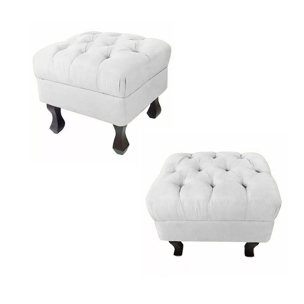 Kit 02 Puffs Retrô Luis Xv Fixo Capitonê Suede Branco - Ds Es