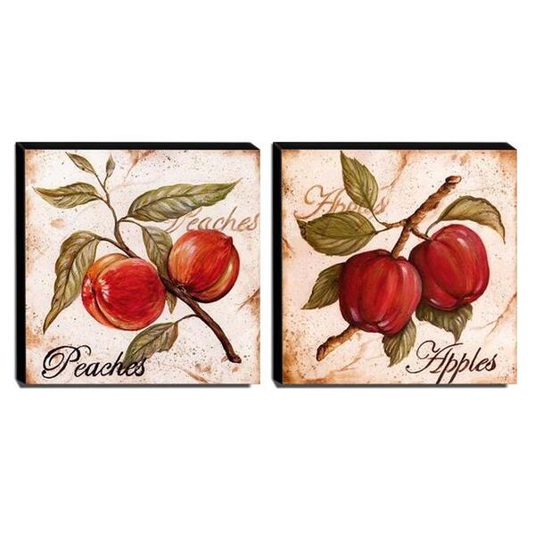 Kit 02 Quadros Cozinha Vintage Frutas Pêssego Maçã Canvas 30x