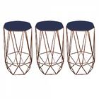 Kit 03 Banqueta Alta Aramado Bronze Suede Azul Marinho