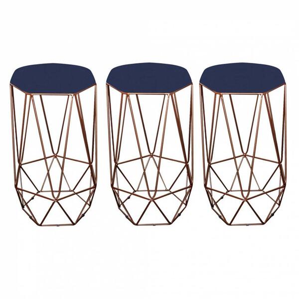 Kit 03 Banqueta Alta Aramado Bronze Suede Azul Marinho