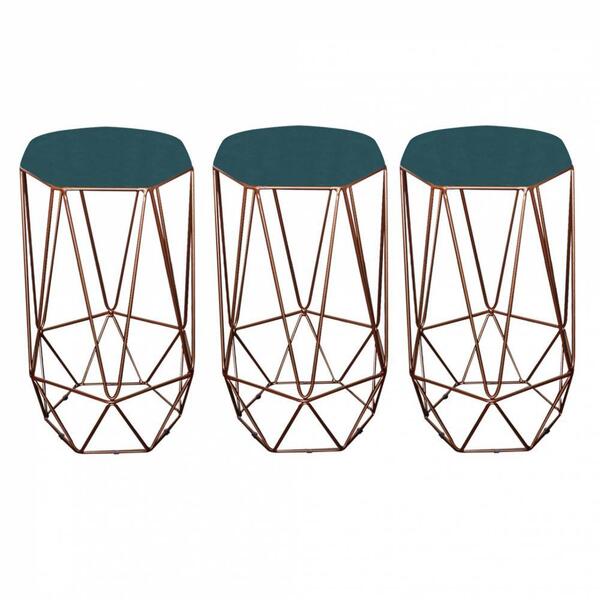Kit 03 Banqueta Alta Aramado Bronze Suede Azul Turquesa