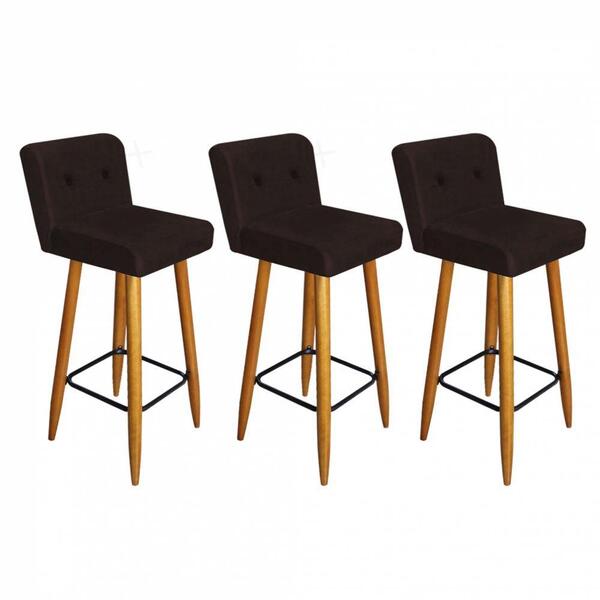 Kit 03 Banqueta Alta Castanho Botão Marrom