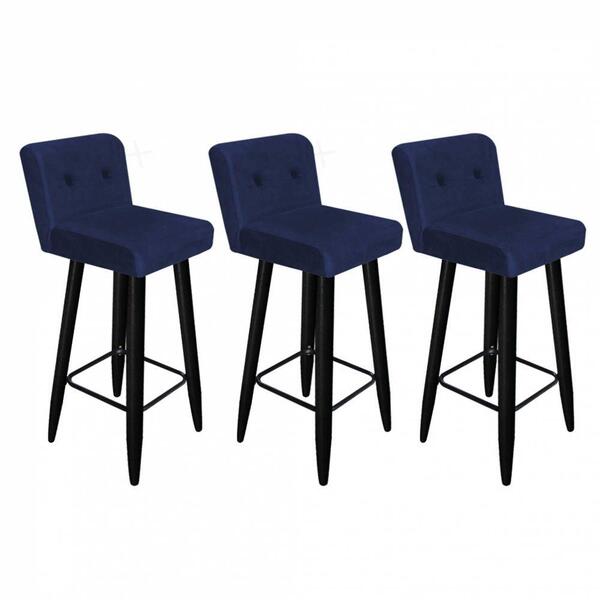 Kit 03 Banqueta Alta Com Encosto Lana Botão Azul Marinho